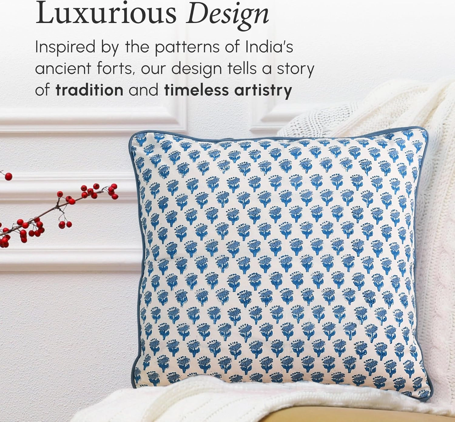 CPC 100% Cotton Throw Pillow Covers 20x20 Inch, Set of 2 Blue Block Print Pattern Couch Pillow, Cute Boho Decorative Pillows for Living Room, Bedroom with Hidden Zipper- Apatite Blue