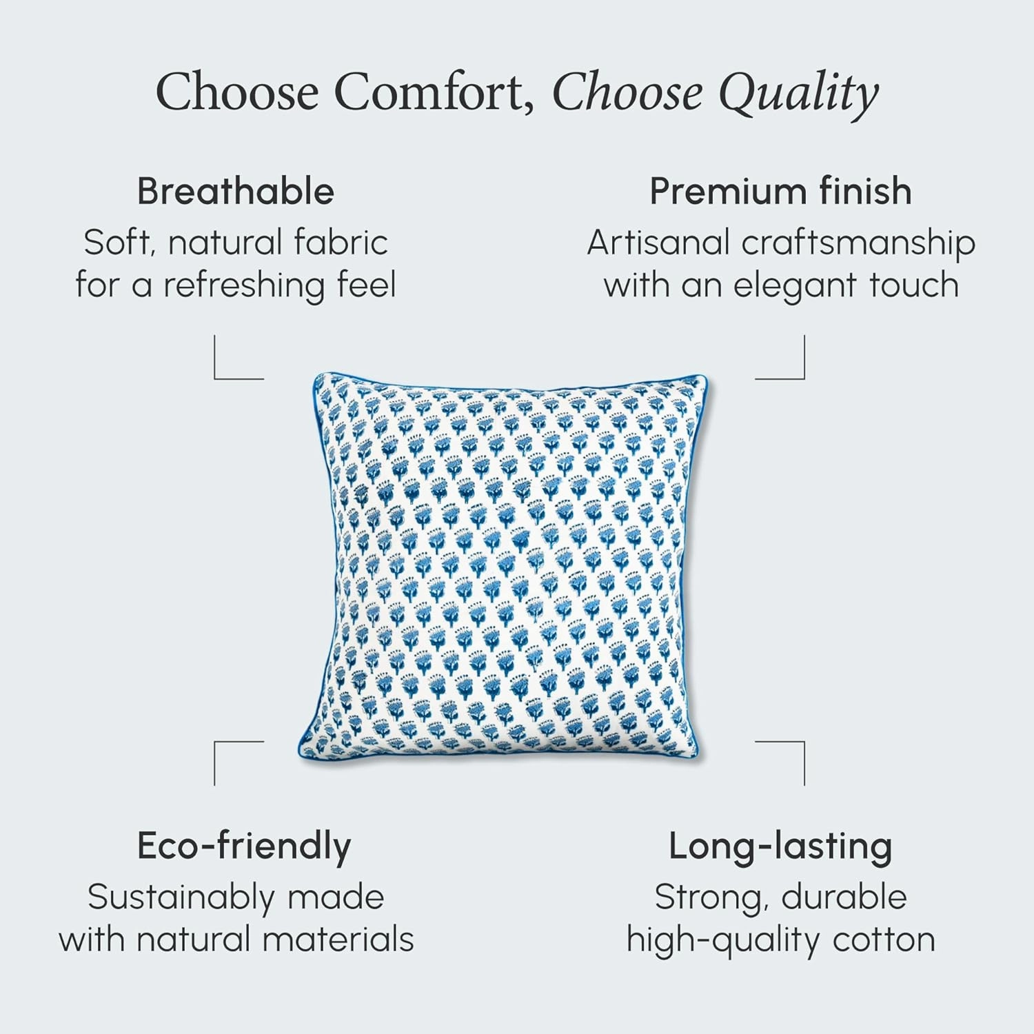 CPC 100% Cotton Throw Pillow Covers 20x20 Inch, Set of 2 Blue Block Print Pattern Couch Pillow, Cute Boho Decorative Pillows for Living Room, Bedroom with Hidden Zipper- Apatite Blue