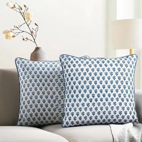 CPC 100% Cotton Throw Pillow Covers 20x20 Inch, Set of 2 Blue Block Print Pattern Couch Pillow, Cute Boho Decorative Pillows for Living Room, Bedroom with Hidden Zipper- Apatite Blue