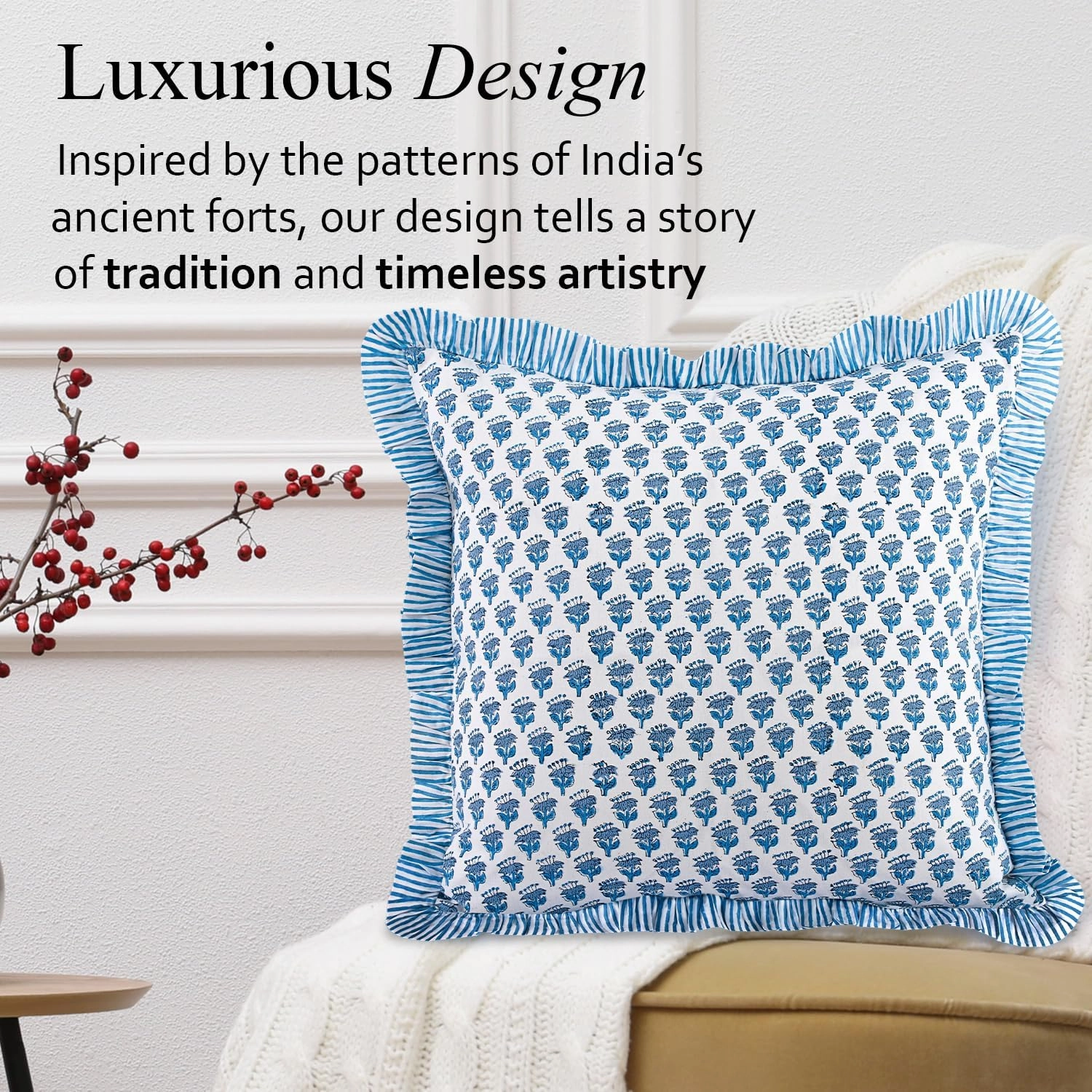 CPC Apatite Blue Ruffle Throw Pillow Covers for Couch, 18x18 Inch Cotton Stripe Ruffle Couch Pillows for Living Room, Hidden 14 Inch Zipper Boho Pillow Case or Cute Outdoor Pillows
