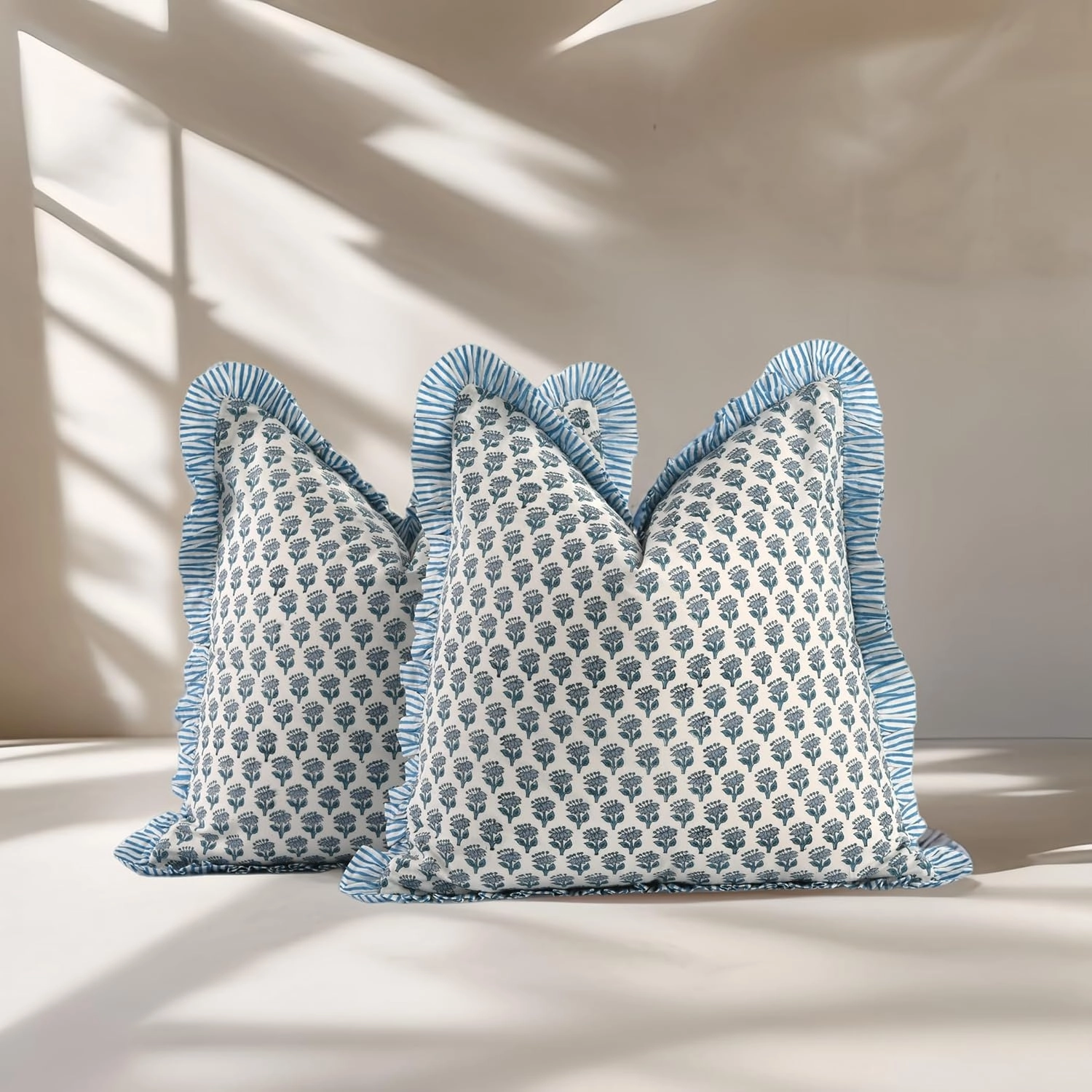 CPC Apatite Blue Ruffle Throw Pillow Covers for Couch, 18x18 Inch Cotton Stripe Ruffle Couch Pillows for Living Room, Hidden 14 Inch Zipper Boho Pillow Case or Cute Outdoor Pillows
