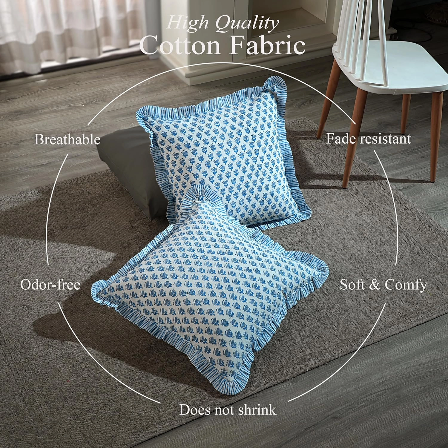CPC Apatite Blue Ruffle Throw Pillow Covers for Couch, 18x18 Inch Cotton Stripe Ruffle Couch Pillows for Living Room, Hidden 14 Inch Zipper Boho Pillow Case or Cute Outdoor Pillows