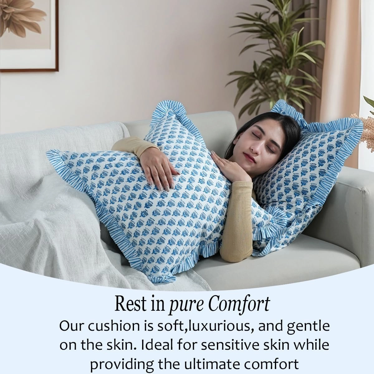 CPC Apatite Blue Ruffle Throw Pillow Covers for Couch, 18x18 Inch Cotton Stripe Ruffle Couch Pillows for Living Room, Hidden 14 Inch Zipper Boho Pillow Case or Cute Outdoor Pillows