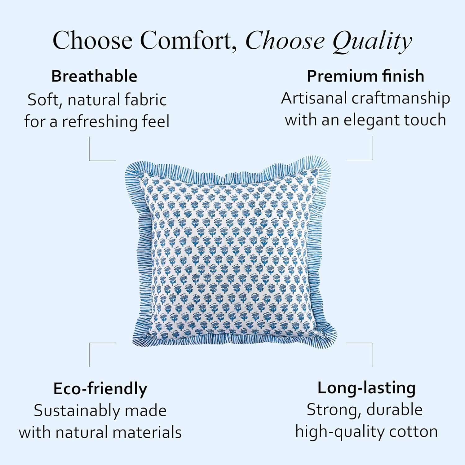 CPC Apatite Blue Ruffle Throw Pillow Covers for Couch, 18x18 Inch Cotton Stripe Ruffle Couch Pillows for Living Room, Hidden 14 Inch Zipper Boho Pillow Case or Cute Outdoor Pillows