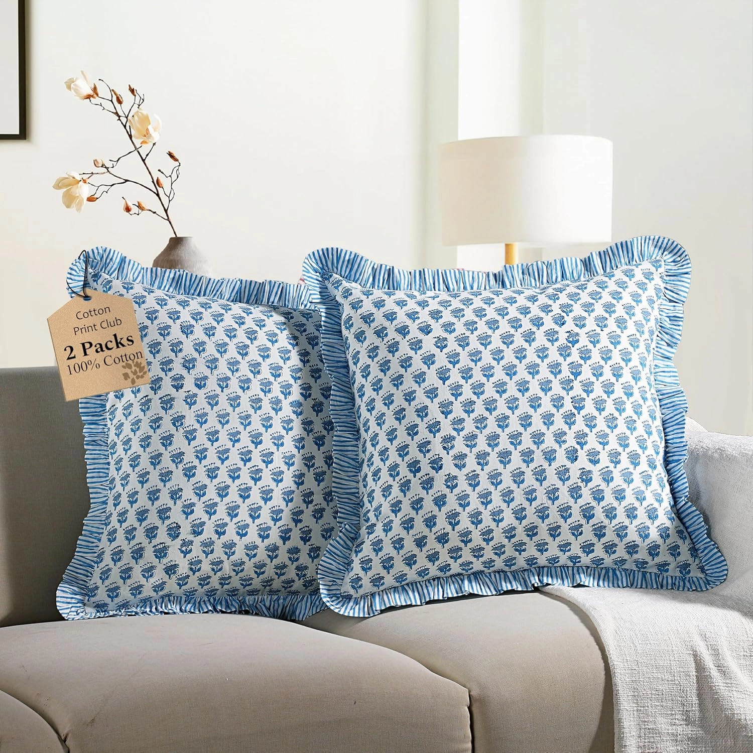 CPC Apatite Blue Ruffle Throw Pillow Covers for Couch, 18x18 Inch Cotton Stripe Ruffle Couch Pillows for Living Room, Hidden 14 Inch Zipper Boho Pillow Case or Cute Outdoor Pillows