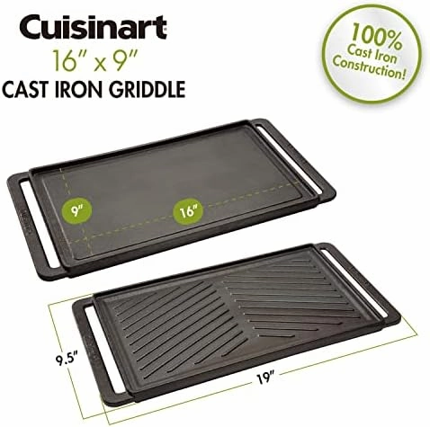 Cuisinart CCP-2000 Reversible Cast Iron Grill/Griddle Cookware Plate, Ribbed Grill and Smooth Flat Top Griddle