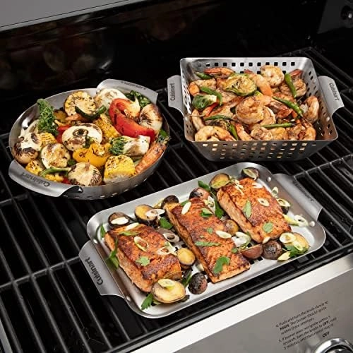 Cuisinart CGT-1103 3-Piece Stainless Steel Grill Topper Cookware Set (Rectangular, Wok, & Round Toppers)
