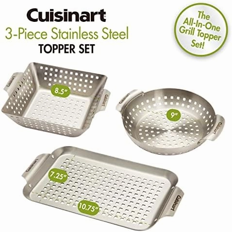 Cuisinart CGT-1103 3-Piece Stainless Steel Grill Topper Cookware Set (Rectangular, Wok, & Round Toppers)