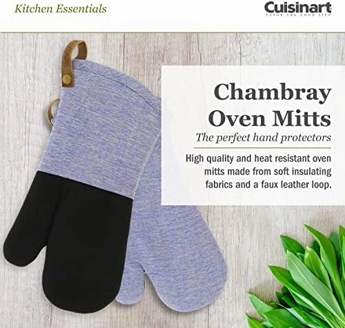 Cuisinart Chambray Neoprene Oven Mitts, 2pk - Non-Slip Heat Resistant Oven Gloves with Premium Insulation, Protect Hands and Surfaces-Ideal Kitchen Set with Faux Leather Loop-Marine