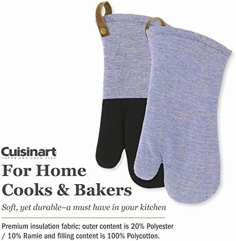 Cuisinart Chambray Neoprene Oven Mitts, 2pk - Non-Slip Heat Resistant Oven Gloves with Premium Insulation, Protect Hands and Surfaces-Ideal Kitchen Set with Faux Leather Loop-Marine