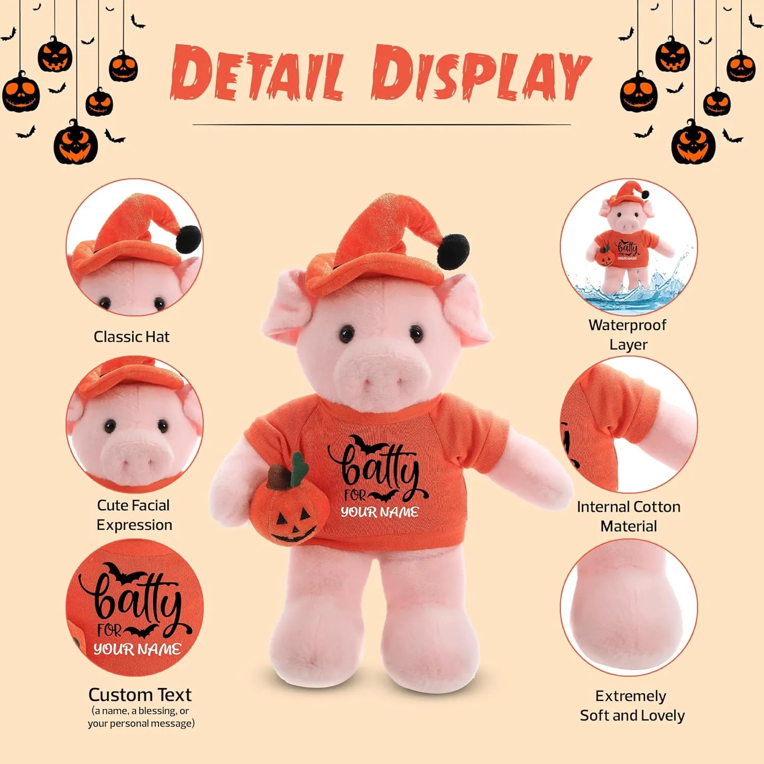Customized Floppy Halloween Stuffed Animal – Pumpkin Stuffed Animal Plush Toys Shirt with Hat | Gift for Her Gift for Him 12 inch (Pig)
