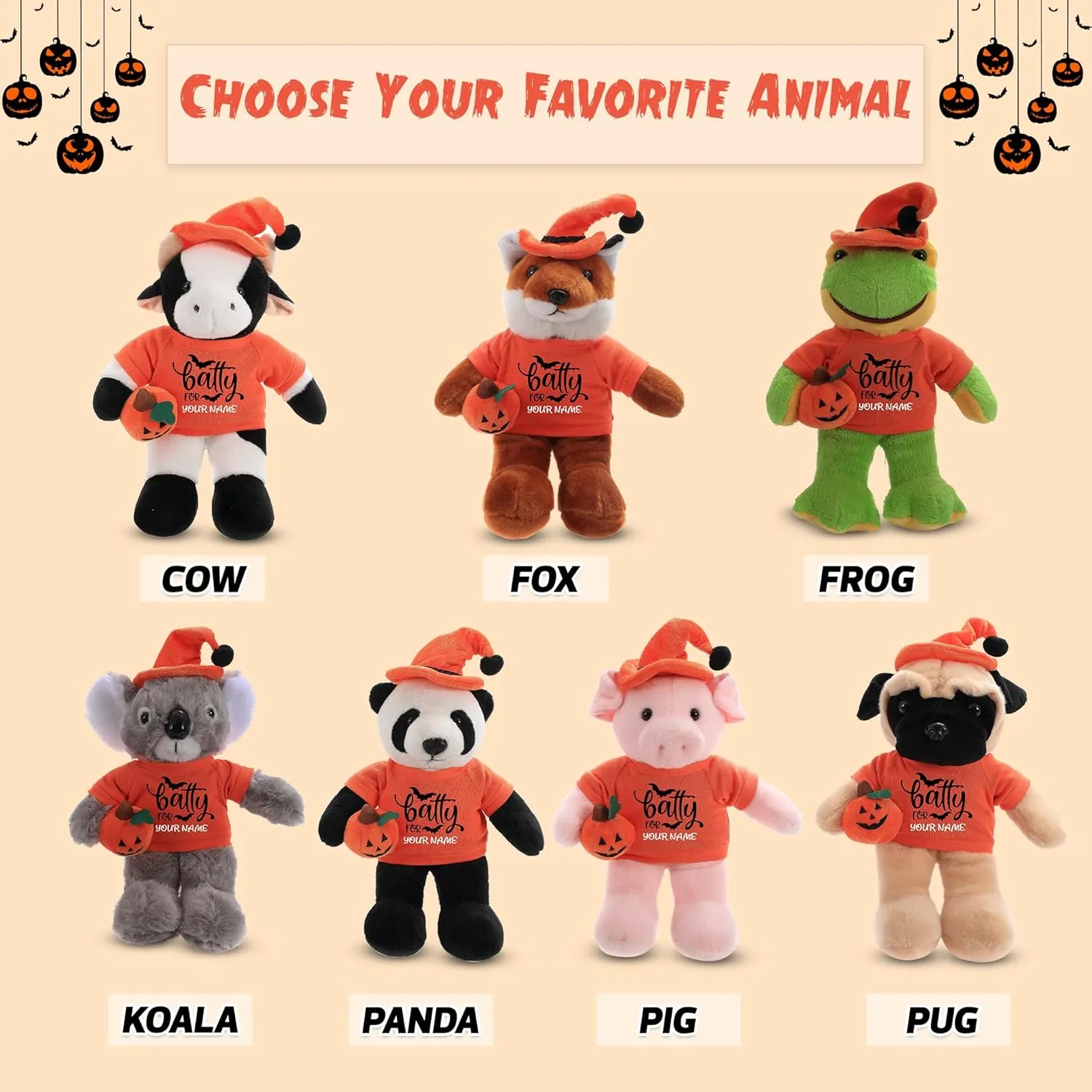 Customized Floppy Halloween Stuffed Animal – Pumpkin Stuffed Animal Plush Toys Shirt with Hat | Gift for Her Gift for Him 12 inch (Pig)