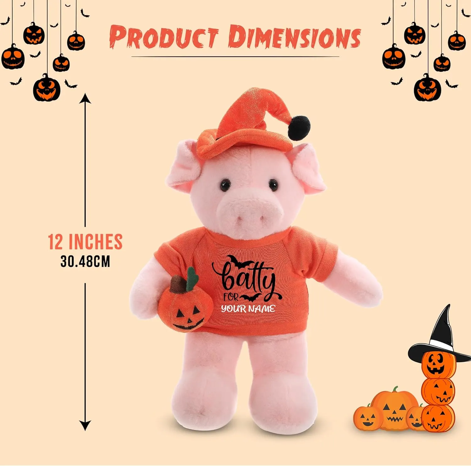 Customized Floppy Halloween Stuffed Animal – Pumpkin Stuffed Animal Plush Toys Shirt with Hat | Gift for Her Gift for Him 12 inch (Pig)