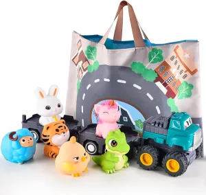 Cute Animals & Tractor Car Toys for Baby, Activity Learning Toy for 1 Year Old Boy Girls, Truck with Playmat/Storage Bag, Racing Cars for Toddler 9  12  18  Months, Birthday Gifts for Kids Age 1 2 3