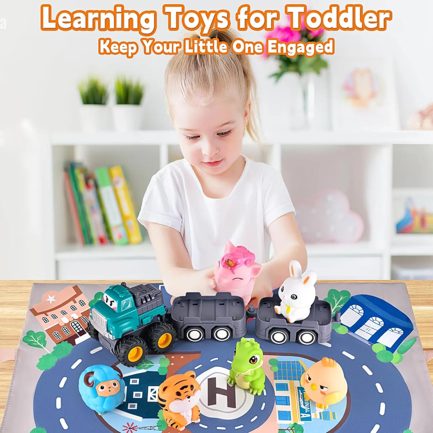 Cute Animals & Tractor Car Toys for Baby, Activity Learning Toy for 1 Year Old Boy Girls, Truck with Playmat/Storage Bag, Racing Cars for Toddler 9  12  18  Months, Birthday Gifts for Kids Age 1 2 3