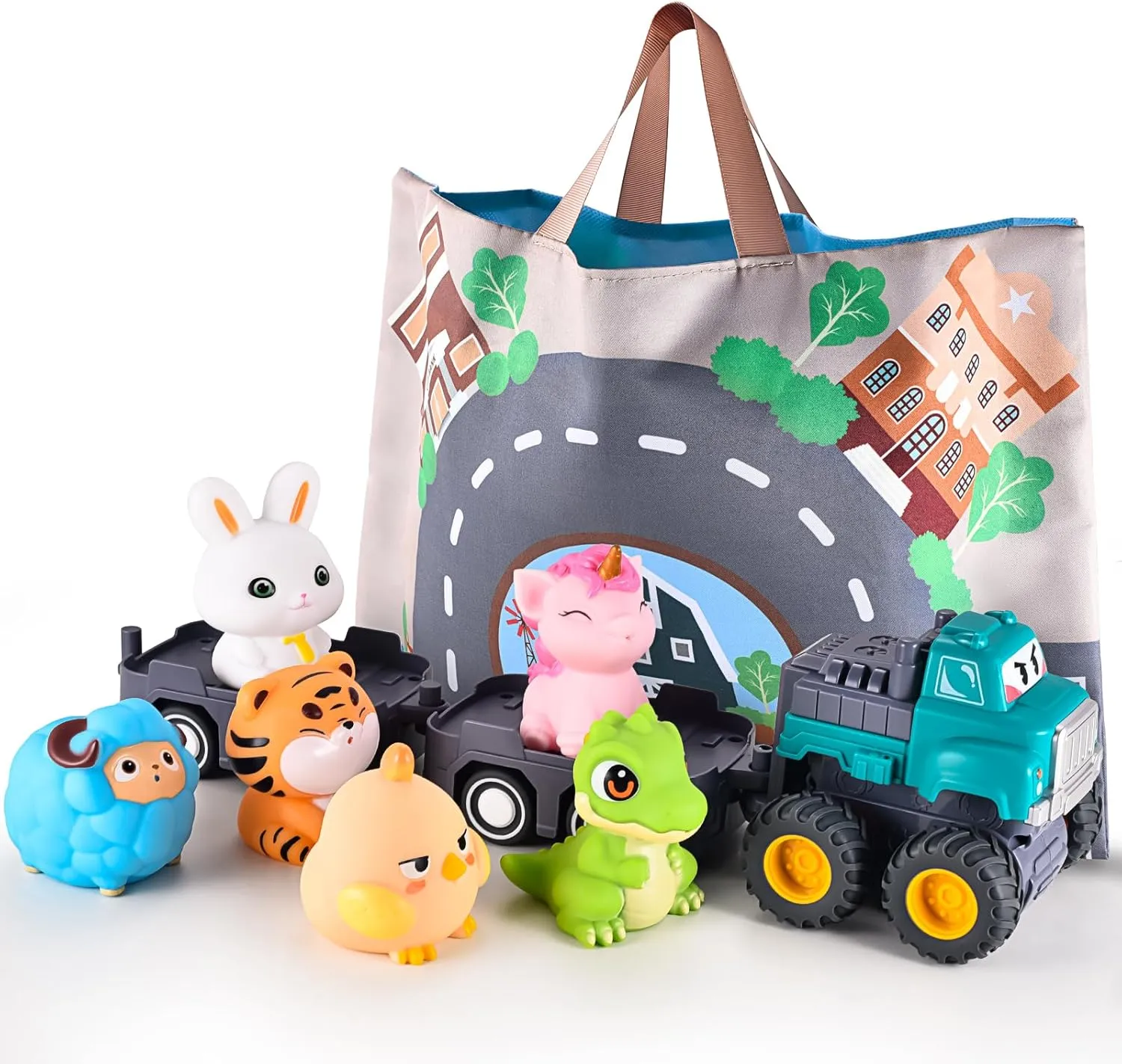 Cute Animals & Tractor Car Toys for Baby, Activity Learning Toy for 1 Year Old Boy Girls, Truck with Playmat/Storage Bag, Racing Cars for Toddler 9  12  18  Months, Birthday Gifts for Kids Age 1 2 3