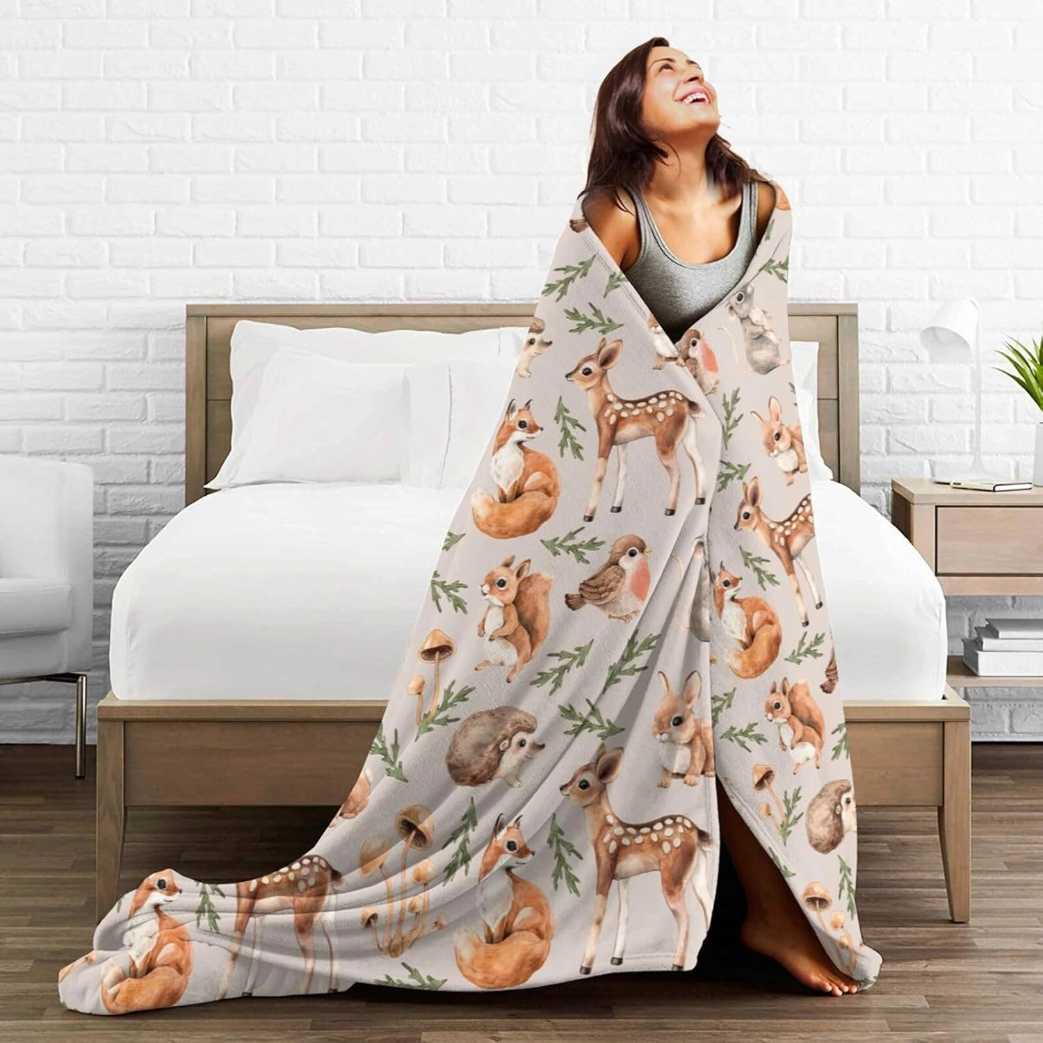 Cute Forest Animals Bed Blanket Ultra Soft Squirrel Mouse Deer Fox Hare Hedgehog and Birds Throw Blanket All Season Warm Light Weight Cozy Plush Blankets for Home Bedroom Sofa Travel, 50"X60"