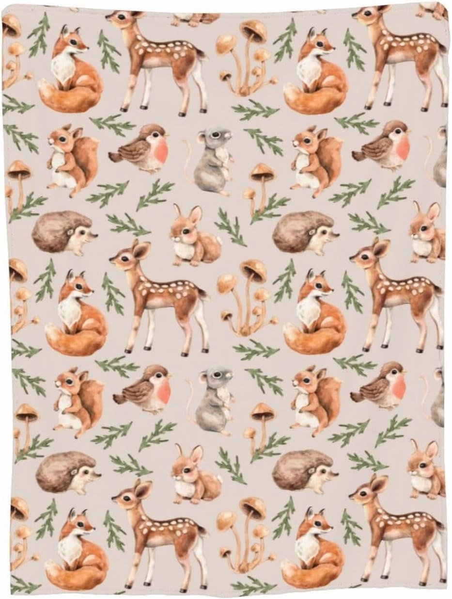 Cute Forest Animals Bed Blanket Ultra Soft Squirrel Mouse Deer Fox Hare Hedgehog and Birds Throw Blanket All Season Warm Light Weight Cozy Plush Blankets for Home Bedroom Sofa Travel, 50"X60"