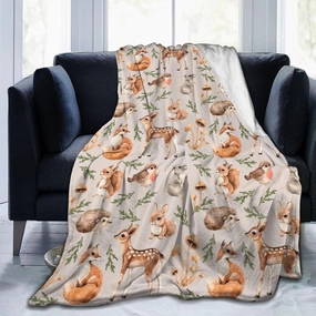 Cute Forest Animals Bed Blanket Ultra Soft Squirrel Mouse Deer Fox Hare Hedgehog and Birds Throw Blanket All Season Warm Light Weight Cozy Plush Blankets for Home Bedroom Sofa Travel, 50"X60"