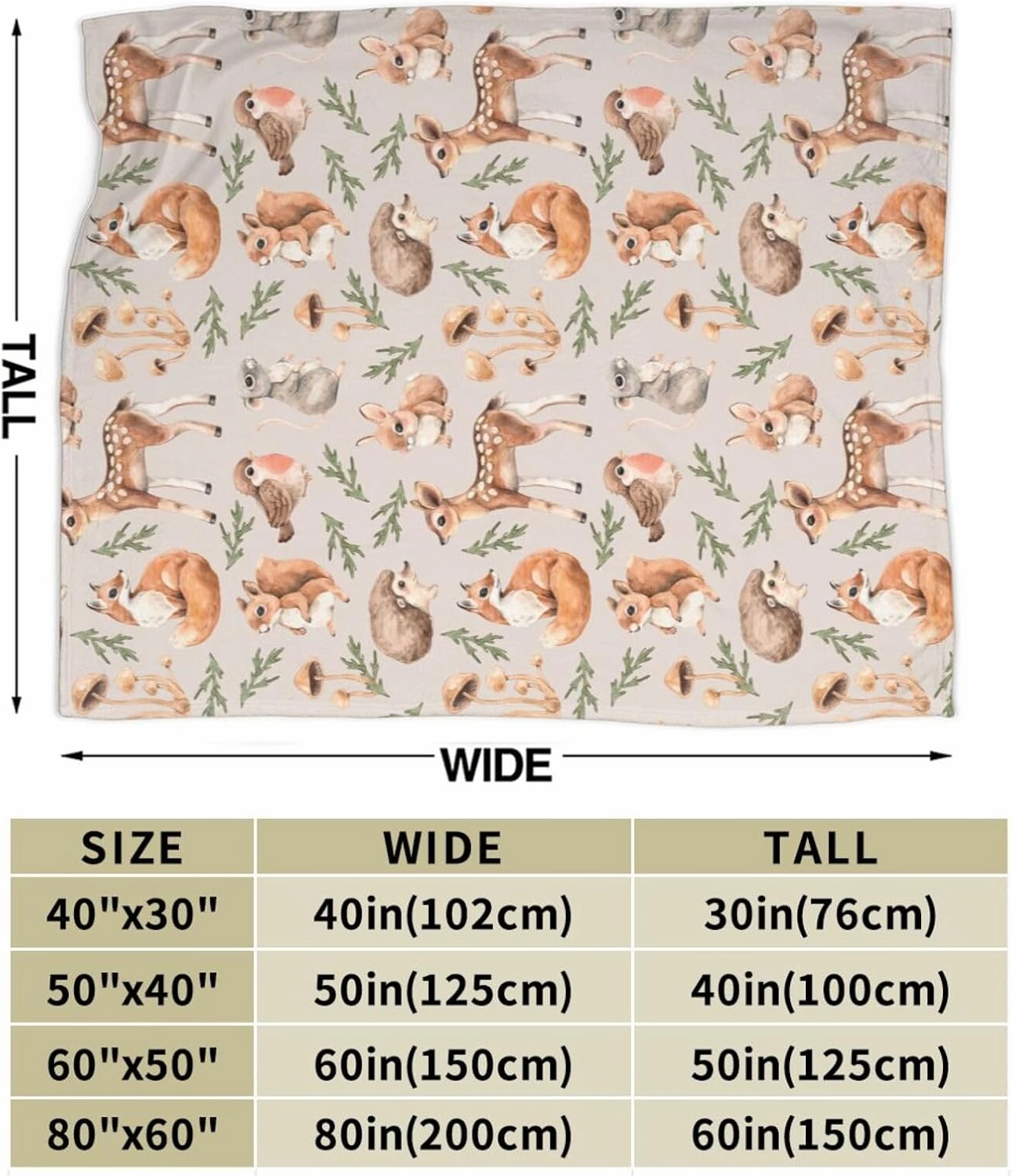 Cute Forest Animals Bed Blanket Ultra Soft Squirrel Mouse Deer Fox Hare Hedgehog and Birds Throw Blanket All Season Warm Light Weight Cozy Plush Blankets for Home Bedroom Sofa Travel, 50"X60"