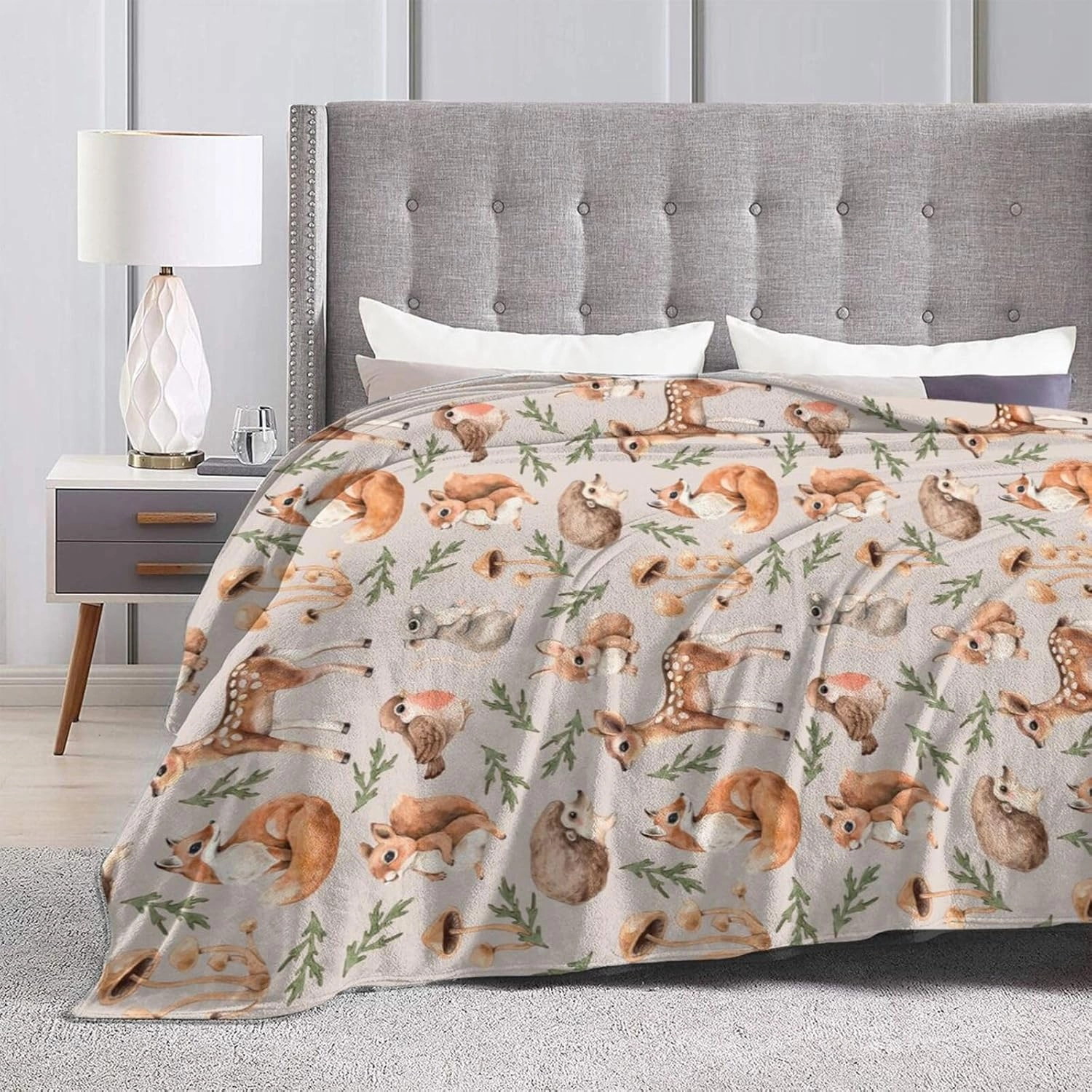 Cute Forest Animals Bed Blanket Ultra Soft Squirrel Mouse Deer Fox Hare Hedgehog and Birds Throw Blanket All Season Warm Light Weight Cozy Plush Blankets for Home Bedroom Sofa Travel, 50"X60"