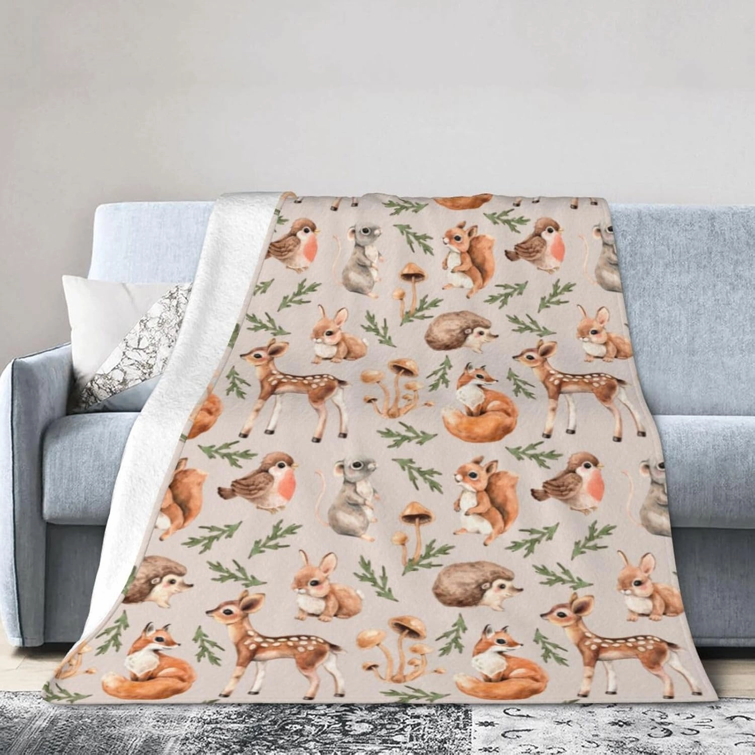 Cute Forest Animals Bed Blanket Ultra Soft Squirrel Mouse Deer Fox Hare Hedgehog and Birds Throw Blanket All Season Warm Light Weight Cozy Plush Blankets for Home Bedroom Sofa Travel, 50"X60"