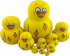 Cute Lovely Animal Yellow Duck Handmade Wooden Russian Nesting Dolls Matryoshka Dolls Set 10 Pieces for Kids Toy Home Decoration