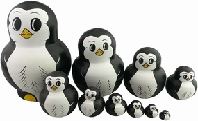Cute Lovely Mini Animal Nesting Dolls Matryoshka Doll Russian Doll Set 10 Pieces Wooden Handmade Kids Toy Gift Home Decoration (Penguin).