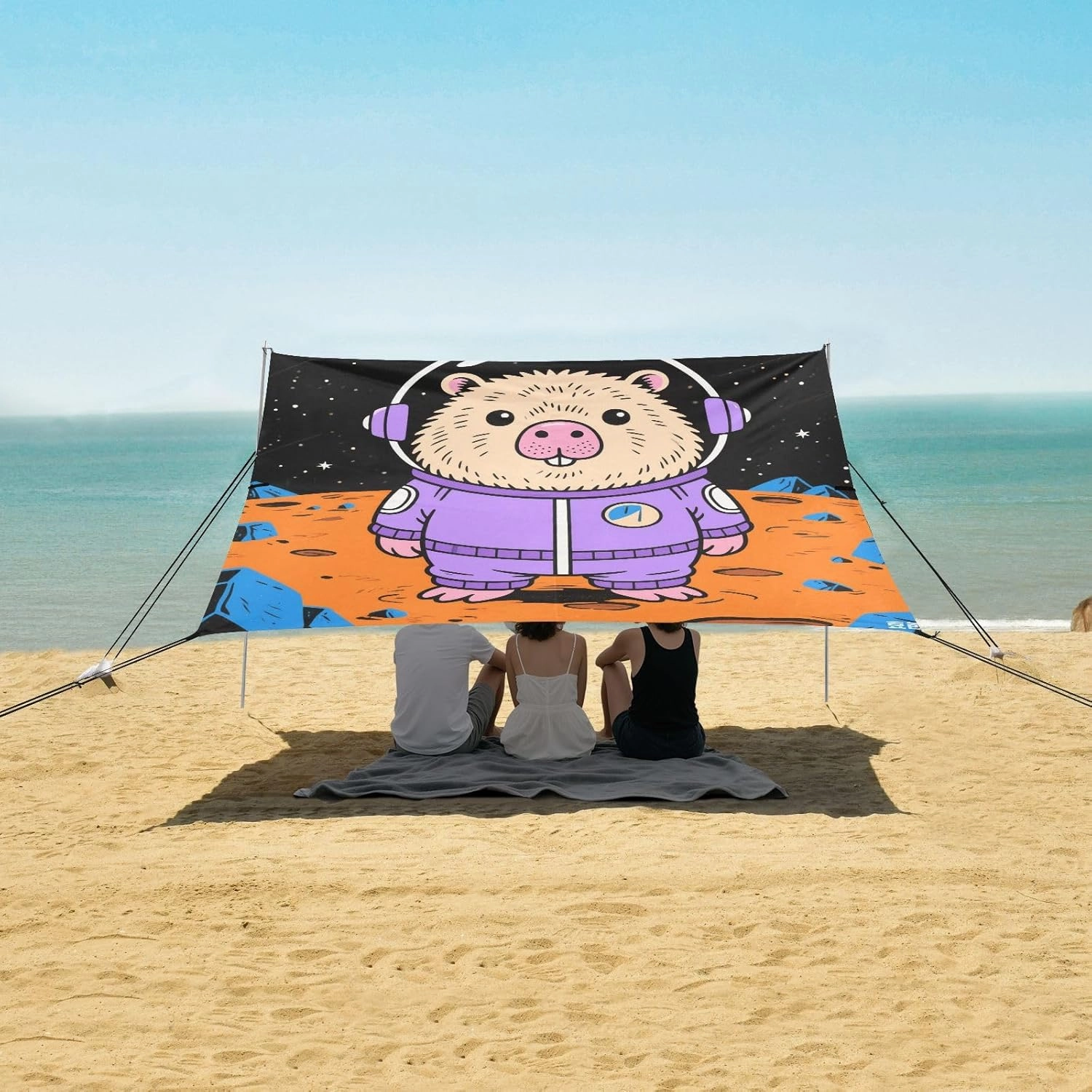 Cute Spaceman Capybara Beach Canopy Tent Anti-UV & Wind Resistant, Camping Sun Shelter Easy Setup Portable,Outdoor Shade Tents with Sandbags,Sand Shovels,Ground Pegs & Stability Poles