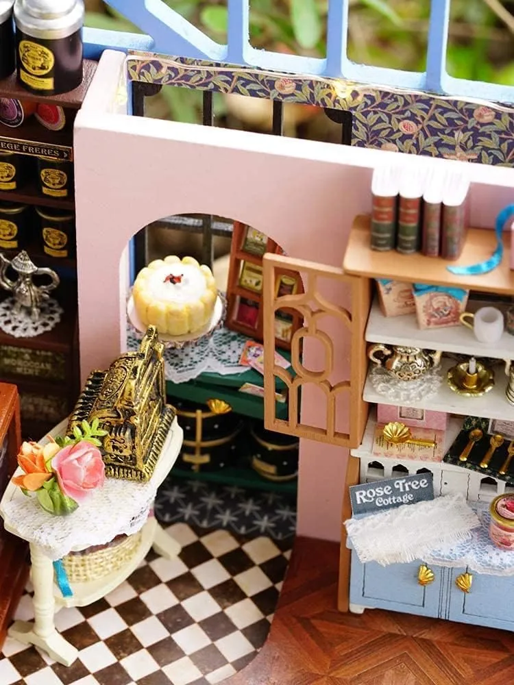 CUTEROOM Dollhouse Miniature with Furniture, 3D Wooden Miniature Doll House with Music Box & LED Lights,1:24 Scale DIY House Kit (Rose Garden Tea House)