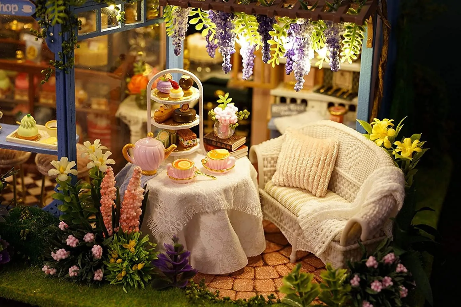 CUTEROOM Dollhouse Miniature with Furniture, 3D Wooden Miniature Doll House with Music Box & LED Lights,1:24 Scale DIY House Kit (Rose Garden Tea House)