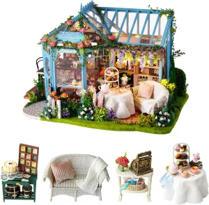 CUTEROOM Dollhouse Miniature with Furniture, 3D Wooden Miniature Doll House with Music Box & LED Lights,1:24 Scale DIY House Kit (Rose Garden Tea House)