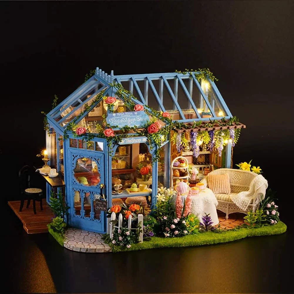 CUTEROOM Dollhouse Miniature with Furniture, 3D Wooden Miniature Doll House with Music Box & LED Lights,1:24 Scale DIY House Kit (Rose Garden Tea House)