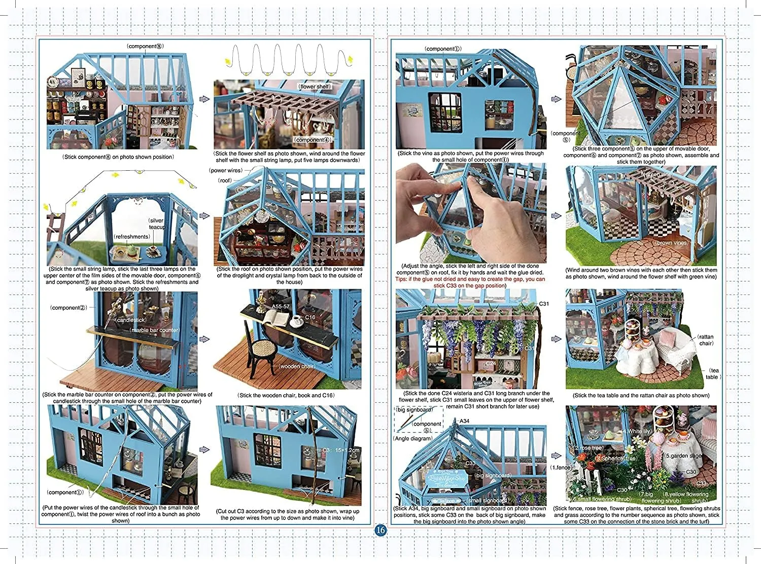 CUTEROOM Dollhouse Miniature with Furniture, 3D Wooden Miniature Doll House with Music Box & LED Lights,1:24 Scale DIY House Kit (Rose Garden Tea House)