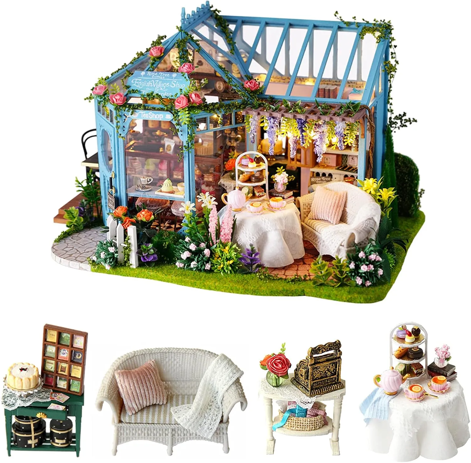 CUTEROOM Dollhouse Miniature with Furniture, 3D Wooden Miniature Doll House with Music Box & LED Lights,1:24 Scale DIY House Kit (Rose Garden Tea House)