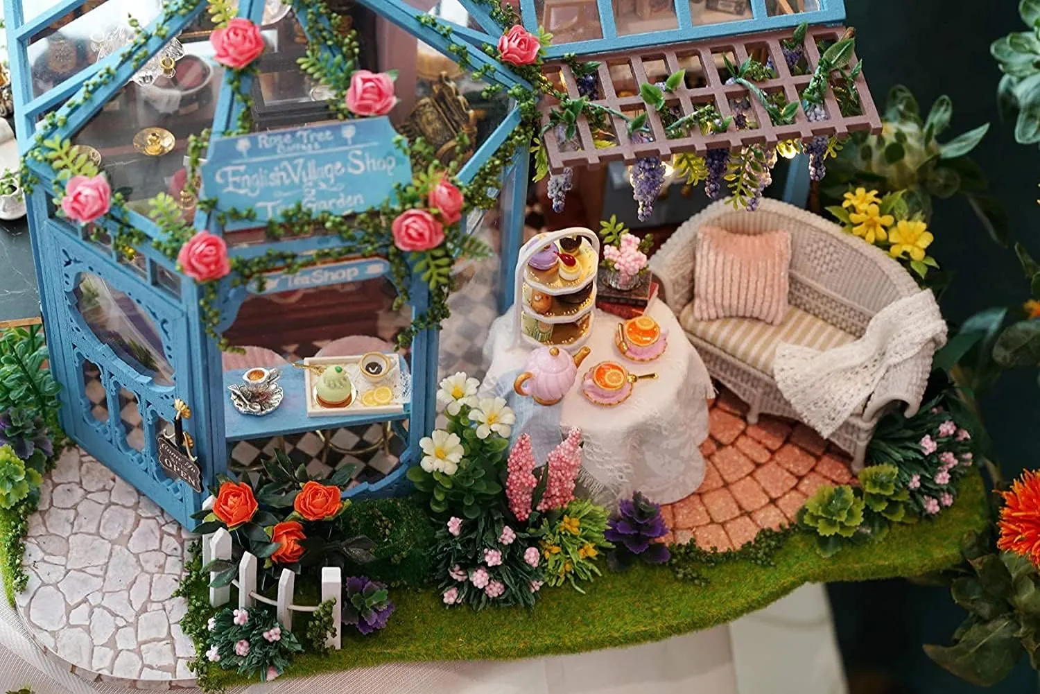 CUTEROOM Dollhouse Miniature with Furniture, 3D Wooden Miniature Doll House with Music Box & LED Lights,1:24 Scale DIY House Kit (Rose Garden Tea House)