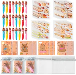 CY2SIDE Capybara Stationery Party Gift - 24 Pack Fun Animal Prizes Set Include 4-in-1 Ballpoint Pens Mini Notebook and Organza Birthday Party Favors Goodie Bag Fillers Stuffer for School Rewards