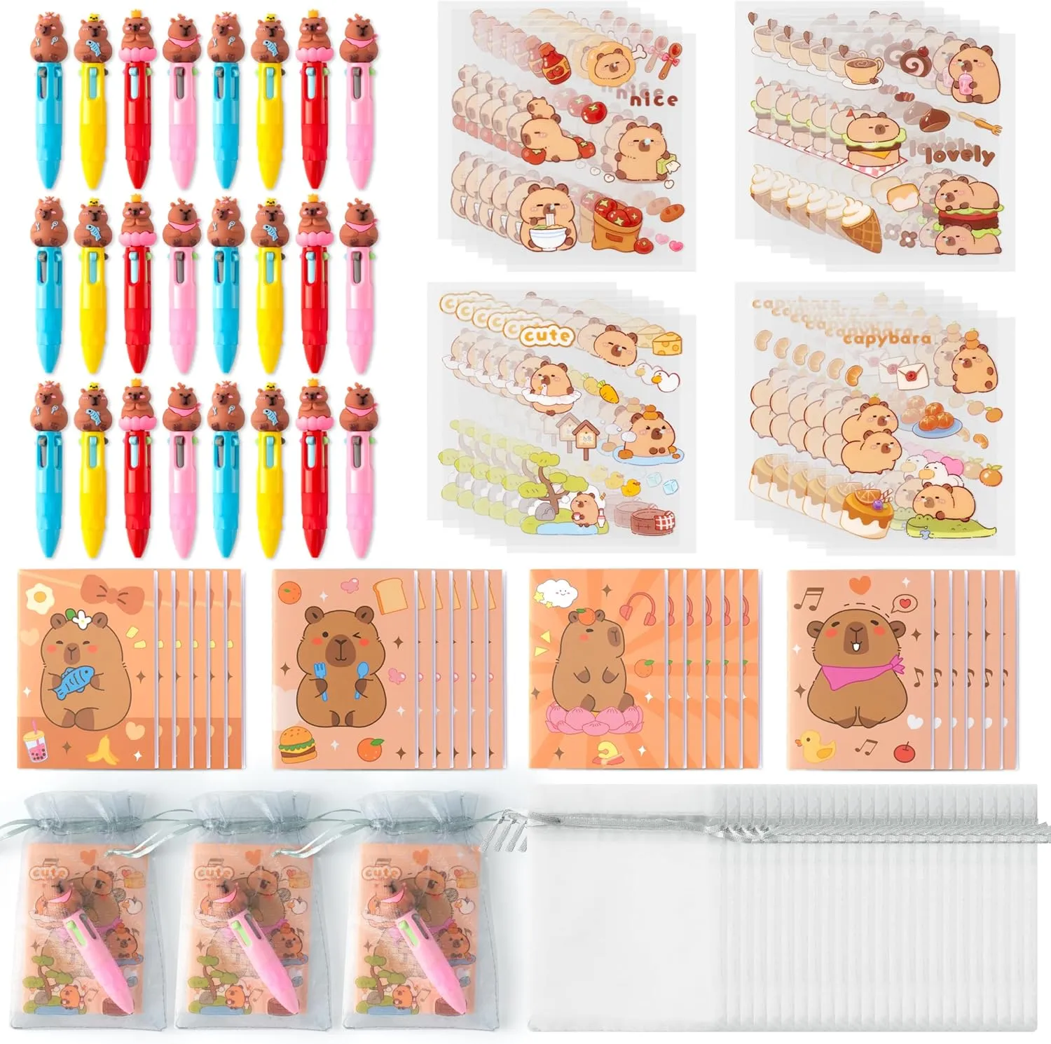 CY2SIDE Capybara Stationery Party Gift - 24 Pack Fun Animal Prizes Set Include 4-in-1 Ballpoint Pens Mini Notebook and Organza Birthday Party Favors Goodie Bag Fillers Stuffer for School Rewards