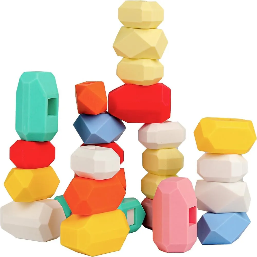 D-FantiX 39 PCS Silicone Sorting Stacking Rocks Stones, Sensory Learning Montessori Toys for 3 4 5 6 Year Old Kids, Educational Stacking Toys Building Blocks for Toddlers