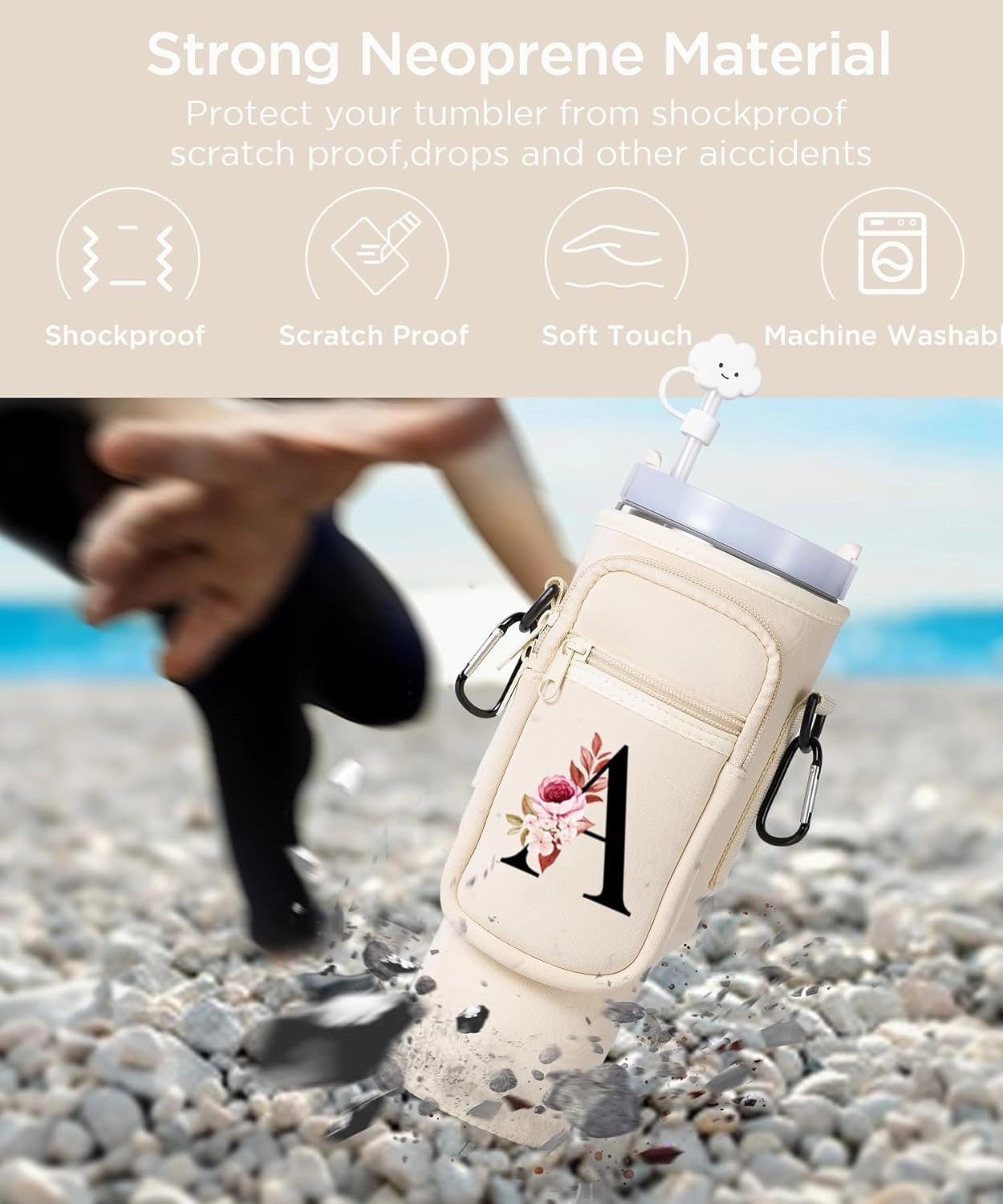 dabria Initial A-Z Water Bottle Bag with Phone Pocket for Stanley 40 oz Tumbler Neoprene Water Bottle Holder Pouch with Adjustable Strap Bollus with Straw Cover & Carabiner for Stanley Cup Accessories