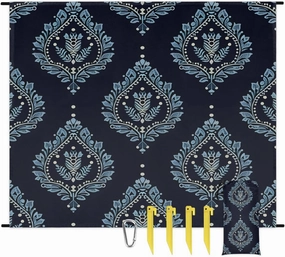 Damask Floral Beach Blanket, Sandproof Beach Mat, 68 x 59 Waterproof Quick Drying Sand Free Mat with 4 x Ground Spikes for Outdoor Travel Camping Hiking, Vintage Flower