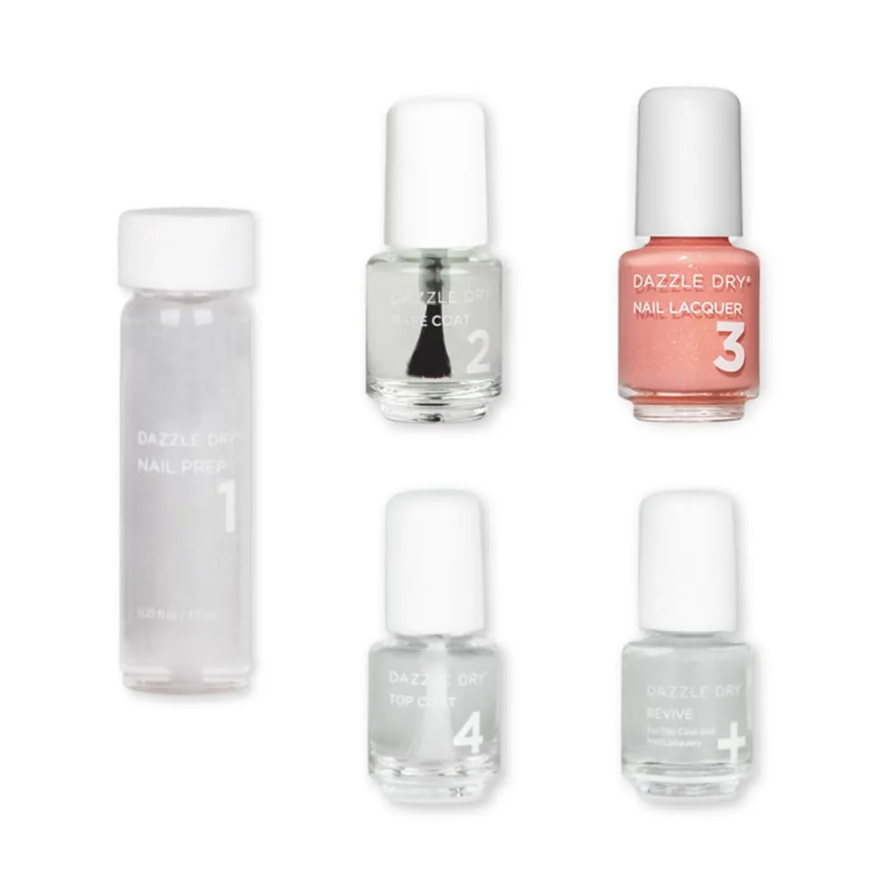 Dazzle Dry Mini Kit 4 Step System - Sunset Glow - A semi-sheer peach with a subtle orange/gold shimmer. Semi-sheer shimmer. (5 Piece Kit / 5 Manicures)