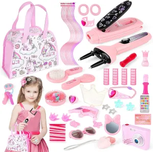 deAO Hair Salon Toys for Girls,34PCS Kids Beauty Salon Toy Kit with Hair Styling Accessories Handbag Hair Braider Bluetooth Headset Camera Mobile Phone Princess Makeup Toy for Girls