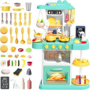 deAO Kids Kitchen Playset, 54 PCS Kitchen Toys for Toddlers with Realistic Lights & Sounds, Play Kitchen Pretend Play Fruit Vegetables for Boys Girls Birthady Gifts(Blue)