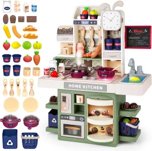 deAO Kitchen Playset Toy with Realistic Steam and Lights, Role Playing Game Pretend Food and Cooking Playset,37 PCS Mini Kitchen Accessories Set for 3 4 5 Years Old Girls Boys (Blue)
