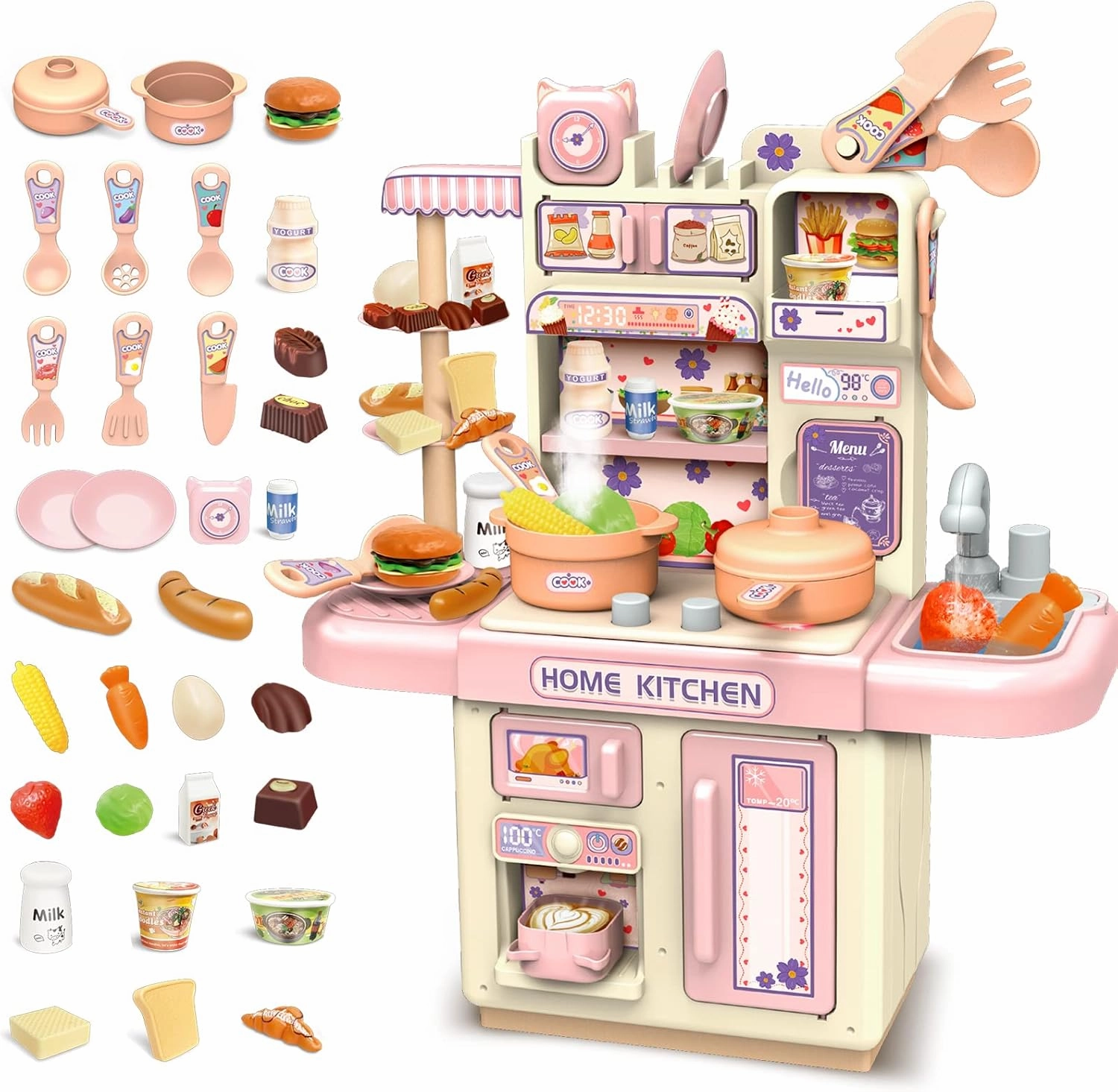 deAO Mini Kitchen Playset Toy,33 PCS Play Kitchen with Realistic Steam and Lights, Role Playing Game Pretend Food and Cooking Playset, Mini Kitchen Accessories Set for 3 4 Girls Boys