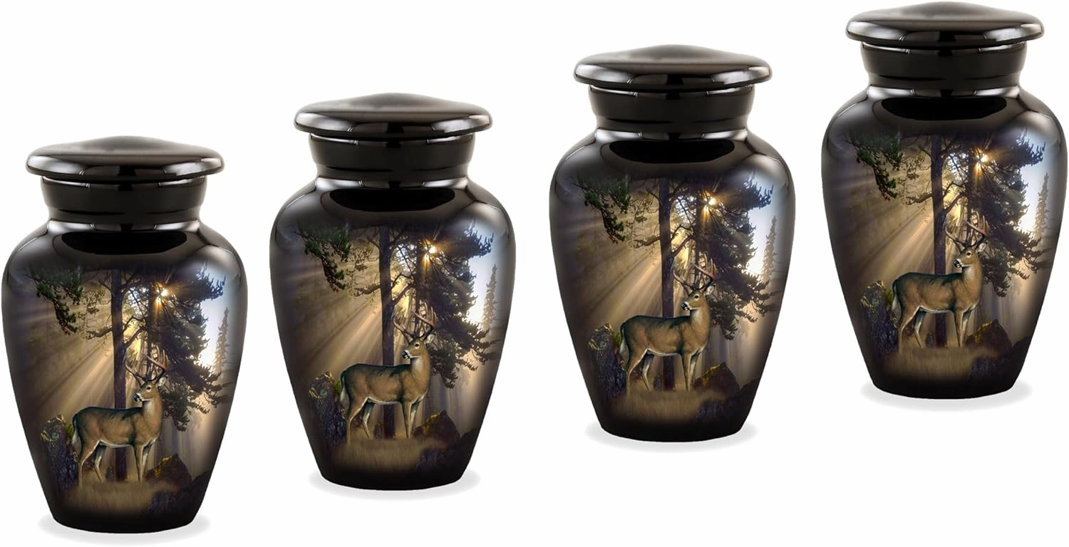 Deer Keepsake Urn - Set of 4 Deer Hunting Sharing Urns - Token Buck Urn - Funeral and Memorial Mini Cremation Urns for Human Ashes with Velvet Bag (Set of 4 Keepsake)