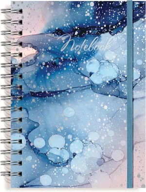 Designer Greetings, Designer Papers Flex Cover Journal with Elastic Band, Blue “Notebook” Watercolor Marble with Silver Dotted Print - 320 Pages (6” x 8.25”) - Perfect for Work, School, Creative