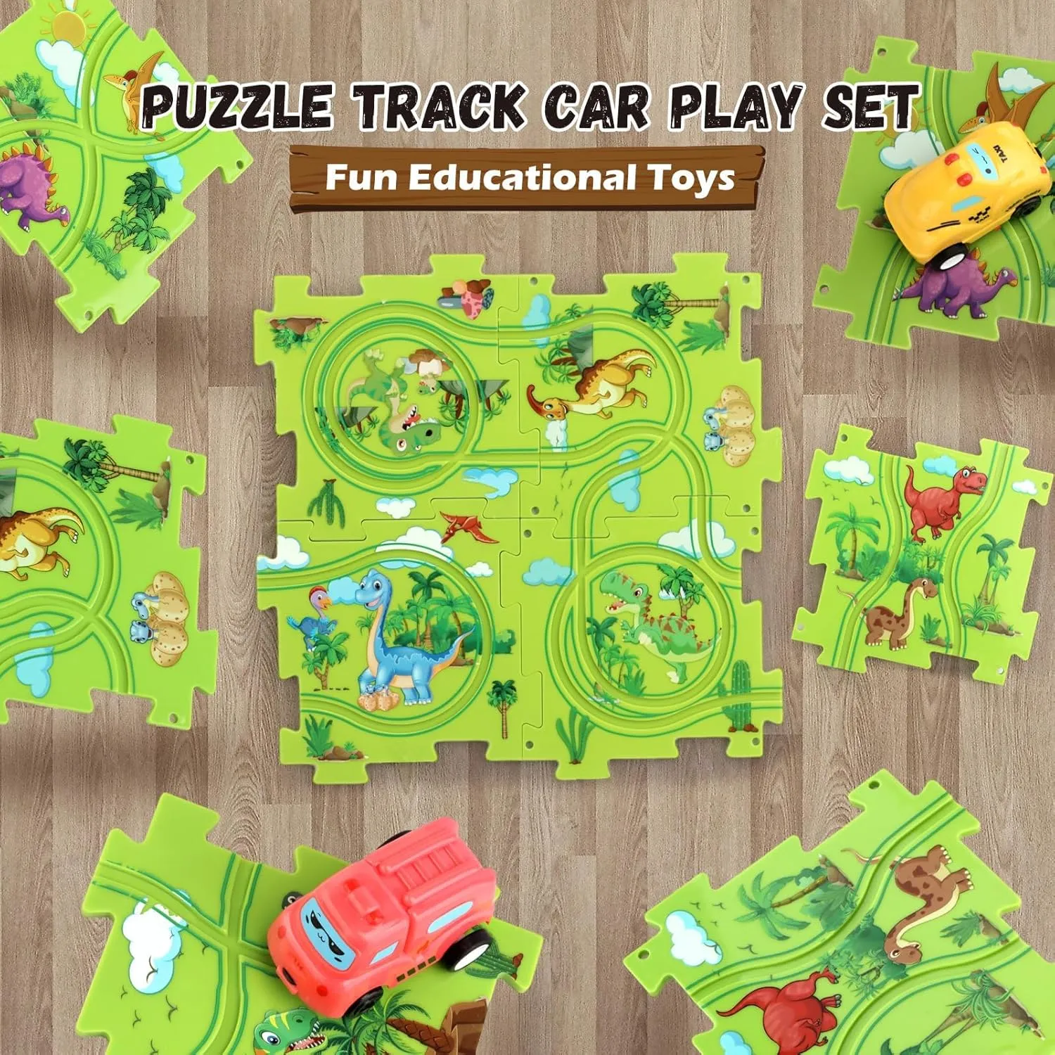 Dinosaur Puzzle Track Car Play Set for Kids Ages 3-5 5-7,Educational Puzzle Toys with 2 Railcars,Dinosaur Figures,Trees and Rocks，Plastic Puzzle Montessori Toys 3 4 5 6 7 Year Old Boys Girls Gift…