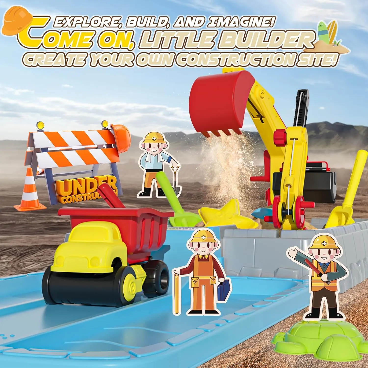 Dirt Diggers Excavator Sandbox for Kids, Toddler Construction Sand Box with Lid, Beach Toys for Outdoor Indoor Play Sensory Gifts for Boys Girls Ages 3 